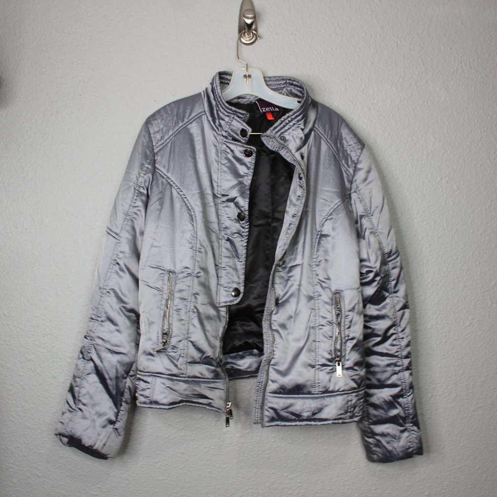 Zella Shiny Grey Zip Up Puffer Bomber Jacket sz XL - Picture 5 of 7